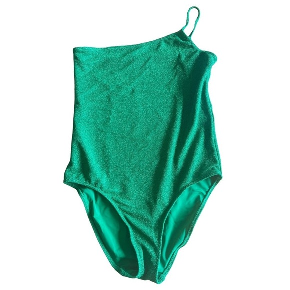 Nwt Good American ‘90s Hot Shoulder Sparkle Metallic One Piece in Kelly Green - Picture 6 of 9